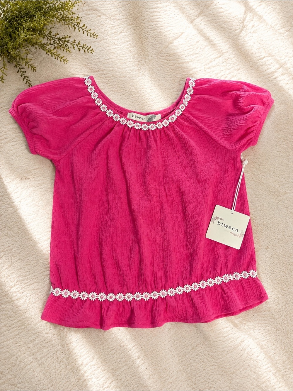 btween Bright Fuchsia Short Sleeve Top with Daisy Trim